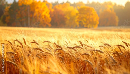 Lush golden wheat field at sunset, showcasing vibrant fall colors with autumn trees in the background and ample copy space for seasonal designs and harvest themes