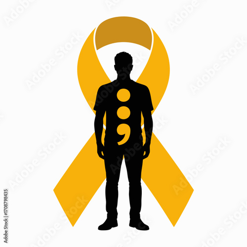 Silhouette of a man with a semicolon symbol on his chest and a yellow ribbon