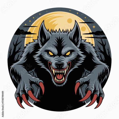 Fierce werewolf with glowing eyes and sharp claws under a full moon