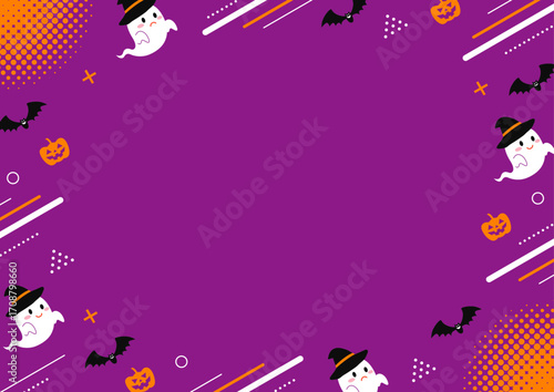 ハロウィンのお化けと幾何学模様の紫背景のフレームのイラスト
