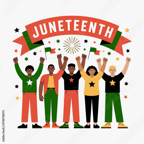 Diverse group of people celebrating juneteenth with raised fists and flags