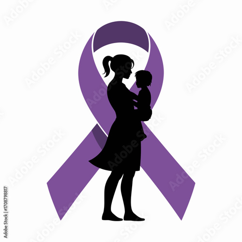 Silhouette of mother holding baby with purple awareness ribbon