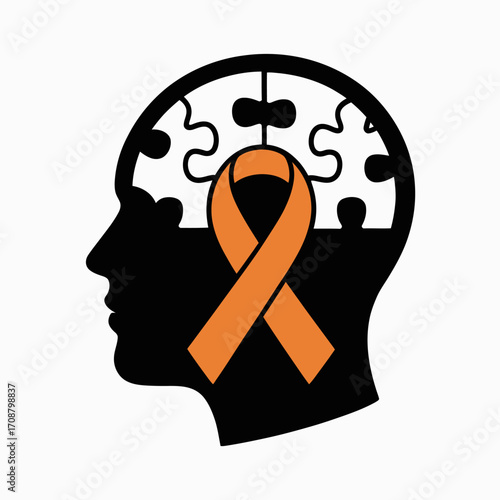 Silhouette of a human head with a puzzle brain and orange awareness ribbon