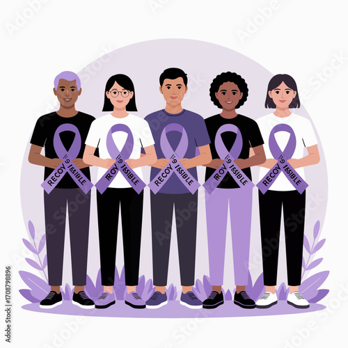 Diverse group of people holding purple awareness ribbons for a cause