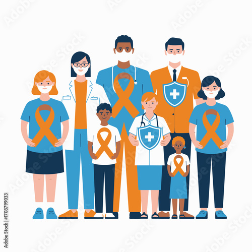 Diverse group of healthcare professionals and children wearing orange ribbons for awareness