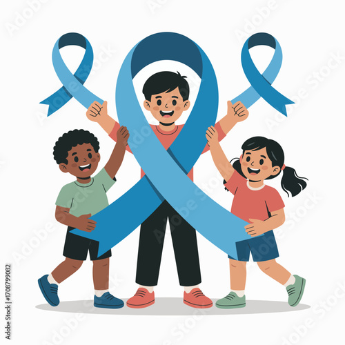 Children holding a large blue ribbon symbolizing awareness and support for a cause