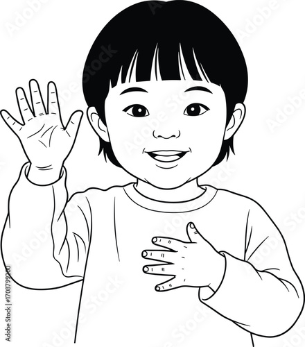 Cute little child smiling and waving hand, adorable happy kid in simple line art style, black and white vector illustration drawing
