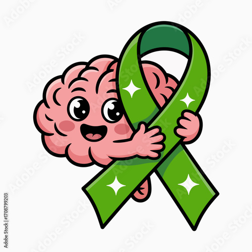 Cute cartoon brain character holding a green awareness ribbon