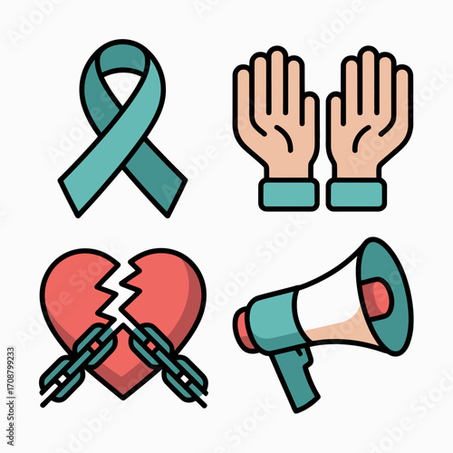 Set of four icons representing support awareness and breaking free from hardship