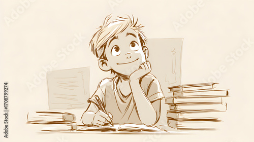 Boy Studying Focused and Concentrated.