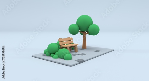 square bench, pole next to a wooden square bench with chrome details, background for pamphlet, banner and invitations (3d illustration)