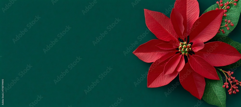 Obraz premium Festive red poinsettia flower on a dark green background, creating a classic and elegant christmas holiday scene