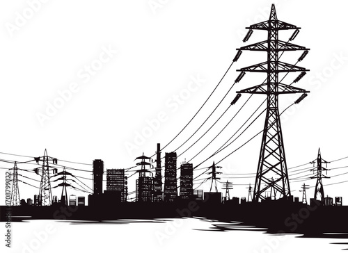 Modern electrical transmission tower vector, High voltage pylon and power line illustration, Industrial energy grid design, Utility tower silhouette and icon