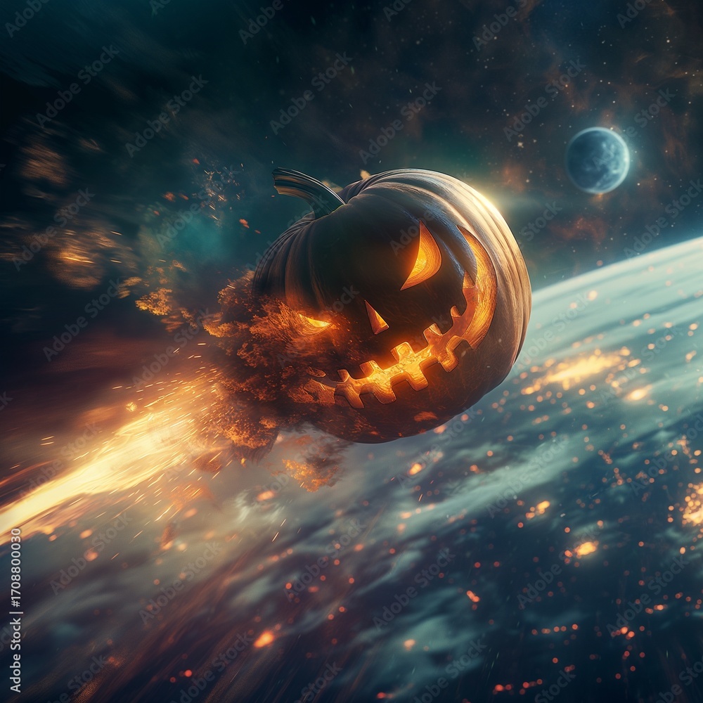 Obraz premium Halloween pumpkin meteor glowing Earth