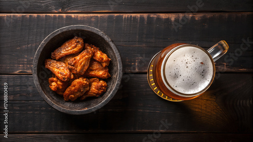 Delicious chicken wings and cold beer on a rustic wooden table