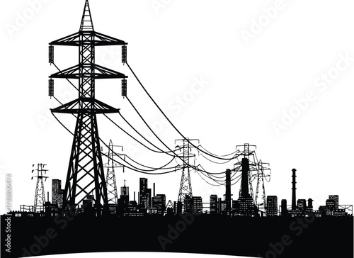 Electrical transmission tower vector illustration, high voltage power line vector, electricity pylon silhouette, energy grid infrastructure, utility tower design, industrial power distribution network