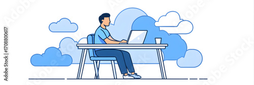 Man working on laptop with cloud computing concept.