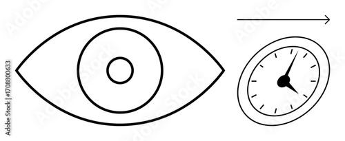 Eye shape with circular center, analog clock tilted to the right, and arrow indicating forward motion. Ideal for vision, time management, planning, progress, goals, focus and abstract thinking