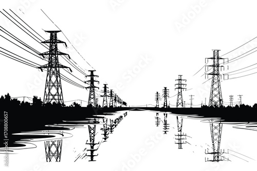 Electrical transmission tower vector illustration, high voltage power line vector, electricity pylon silhouette, energy grid infrastructure, utility tower design, industrial power distribution network