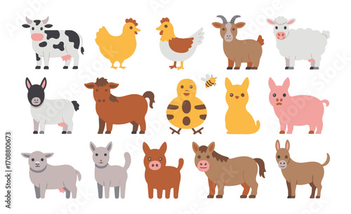 Farm animals flat vector illustration set, Cow, goat, sheep, pig, horse, camel, giraffe, chicken design