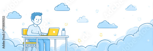 Person working on laptop at desk in clouds.