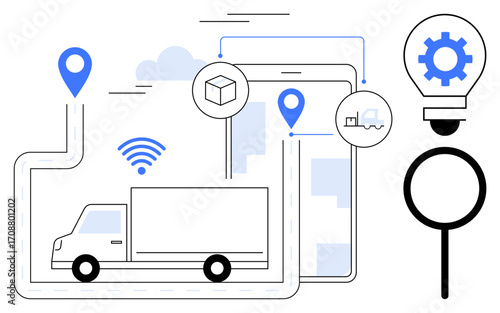 Truck connected to digital GPS pins, gear, wireless signal, and delivery symbols showcasing efficiency. Ideal for logistics, transportation, supply chain, innovation, digital tracking optimization