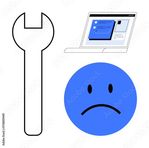 Wrench signifies repair, screen depicts technical error, sad emotion reflects frustration. Ideal for support, failure, troubleshooting, maintenance, IT issue repair service. Flat metaphor