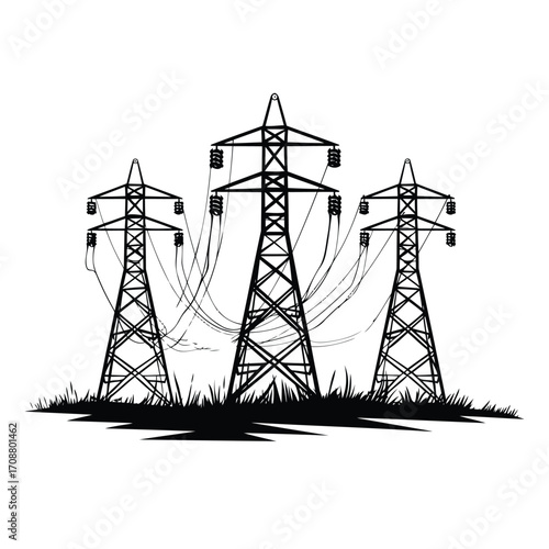 High voltage electrical transmission tower icon vector, power line silhouette, industrial energy grid infrastructure, electricity pylon vector icon silhouette vector, utility tower and power distribut