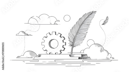 Quill pen and gear symbolizing creative industry and mechanical process.