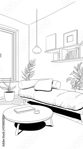 Minimalist living room with a round coffee table and sofa.