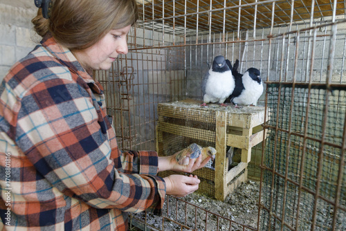 Woman farmer and baby pigeon