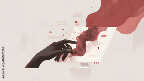 Conceptual illustration of a human hand interacting with technology.