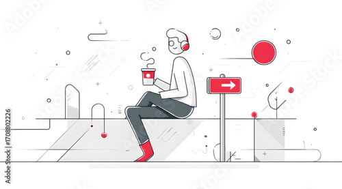 Person Sitting Outdoors with Coffee and Headphones.