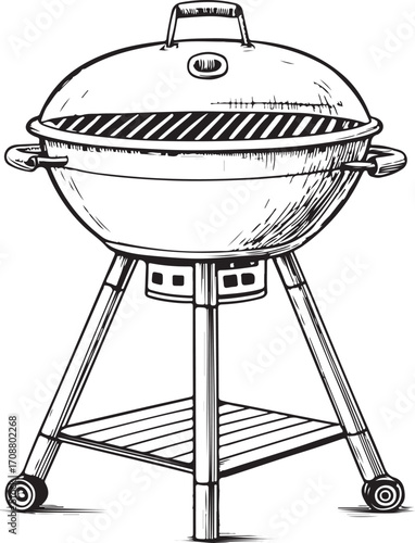 Barbecue Grill BBQ Vector Illustration, Sketch Drawing Line Linear Symbol Icon Engraving Coloring Book, Hand-drawn Doodle Black and White Isolated