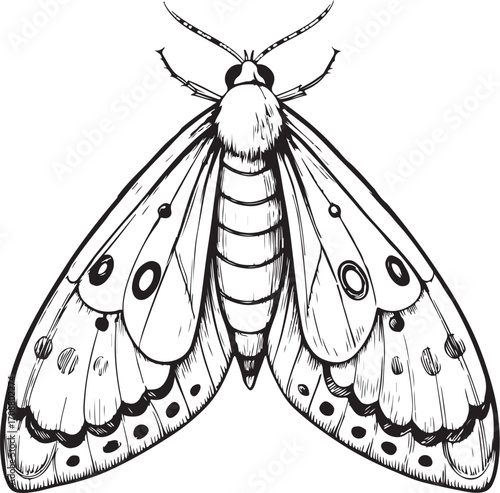 Grape berry moth Pest Farm Insect Vector Illustration, Sketch Drawing Line Linear Symbol Icon Engraving Coloring Book, Hand-drawn Doodle Black and White Isolated