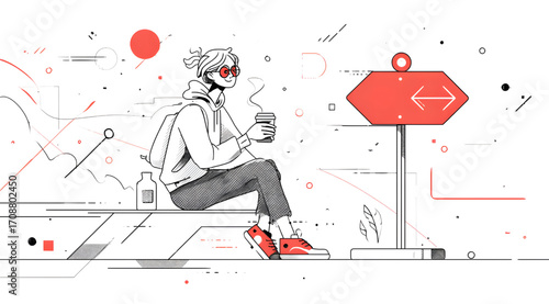 Young person sitting and drinking coffee contemplating a decision.