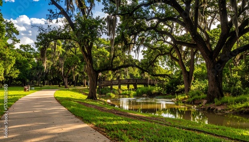 Serene Park Pathway, Wooden Bridge over Creek, Lush Green Trees, Sunny Day