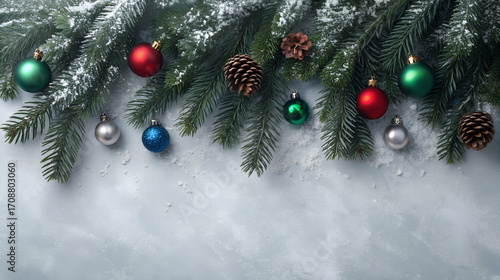 Christmas tree garland with ornaments and pine cones on snowy branches