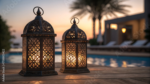 Ornate moroccan lanterns glow beside a pool at sunset with palm trees