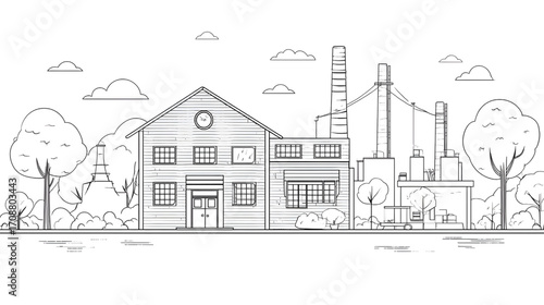 Industrial factory building with smokestacks and surrounding trees.
