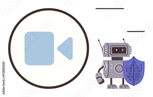 Robot holding a binary data shield symbolizing cybersecurity and protection near a simplified video camera icon. Ideal for technology, data privacy, digital security, AI, media protection