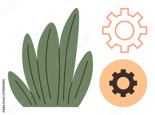 Green plant leaves next to two gear shapes in contrasting colors, symbolizing harmony between nature and technology. Ideal for sustainability, eco-innovation, tech advancement, green energy