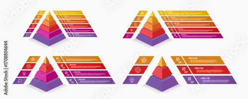 Pyramid infographic template set modern 3d style for presentation, start up project, business strategy, theory basic operation, logic analysis vector 10 eps