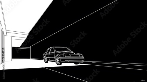 Monochrome Car Illustration: A Study in Light and Shadow.