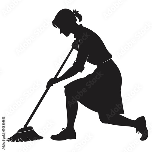 Woman kneeling with broom