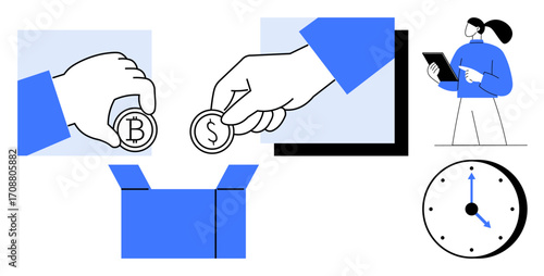 Hands dropping coins marked with Bitcoin and Dollar symbols into a box, a woman observing with a tablet, and a clock. Ideal for teamwork, collaboration, time management, fundraising, donations