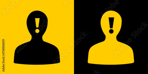 Head with exclamation mark - Warning and caution about dangerous and risky man. Human and danger, jeopardy, peril and risk. Vector illustration of yellow and black silhouette.