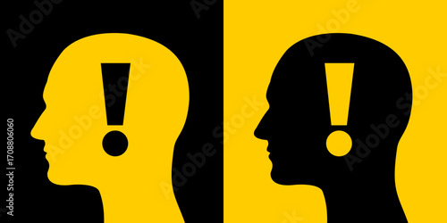 Head with exclamation mark - Warning and caution about dangerous and risky man. Human and danger, jeopardy, peril and risk. Vector illustration of yellow and black silhouette.