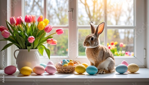 Easter Bunny with Colorful Eggs and Tulips by Sunny Window