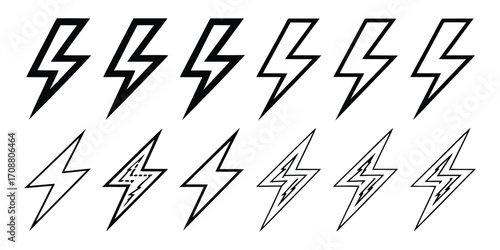Assortment of Black and White Lightning Bolt Icons with Internal Details electricity, power, energy, symbol, icon, graphic vector icons. 